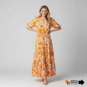 Women's Casual Puff Sleeve Floral Maxi Dress (1) Women's Casual Puff Sleeve Floral Maxi Dress with Pockets - Boho V-Neck Tiered Ruffle Long Dress for Summer