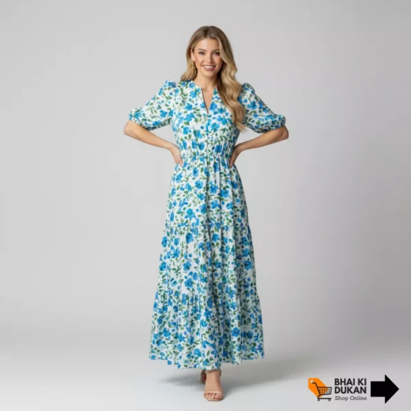 Women's Casual Puff Sleeve Floral Maxi Dress (2) Women's Casual Puff Sleeve Floral Maxi Dress with Pockets - Boho V-Neck Tiered Ruffle Long Dress for Summer