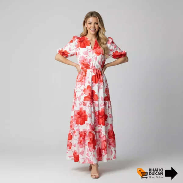 Women's Casual Puff Sleeve Floral Maxi Dress (4) Women's Casual Puff Sleeve Floral Maxi Dress with Pockets - Boho V-Neck Tiered Ruffle Long Dress for Summer