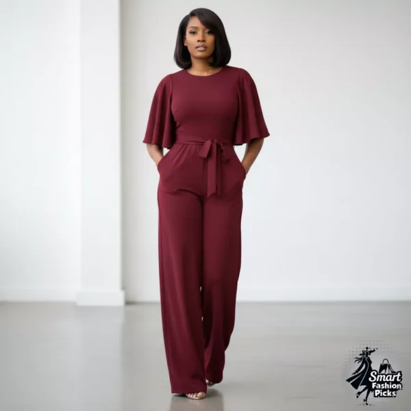 Women's Loose Short Sleeve Belted Wide Leg Jumpsuit (1) Women's Loose Short Sleeve Belted Wide Leg Jumpsuit - Casual One Piece Romper for Work and Party