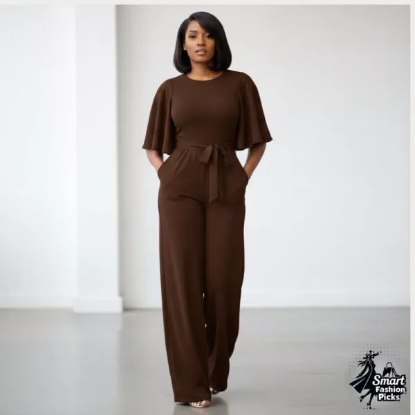 Women's Loose Short Sleeve Belted Wide Leg Jumpsuit (2) Women's Loose Short Sleeve Belted Wide Leg Jumpsuit - Casual One Piece Romper for Work and Party