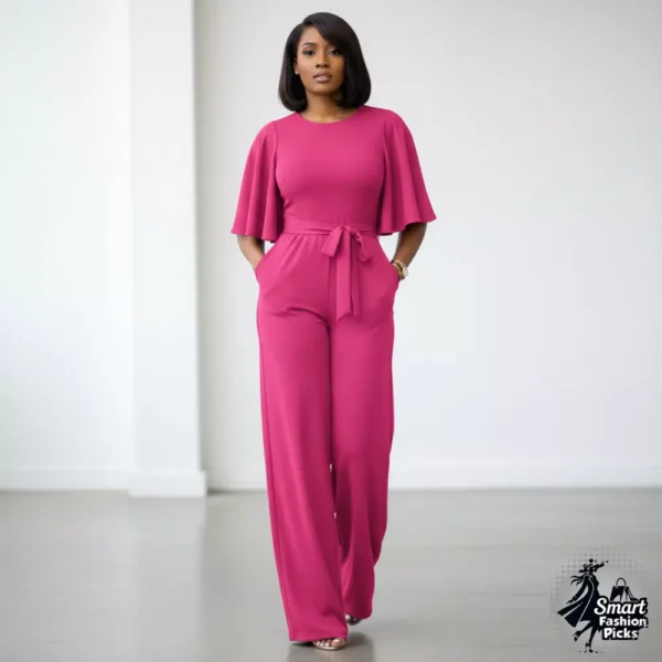 Women's Loose Short Sleeve Belted Wide Leg Jumpsuit (3) Women's Loose Short Sleeve Belted Wide Leg Jumpsuit - Casual One Piece Romper for Work and Party