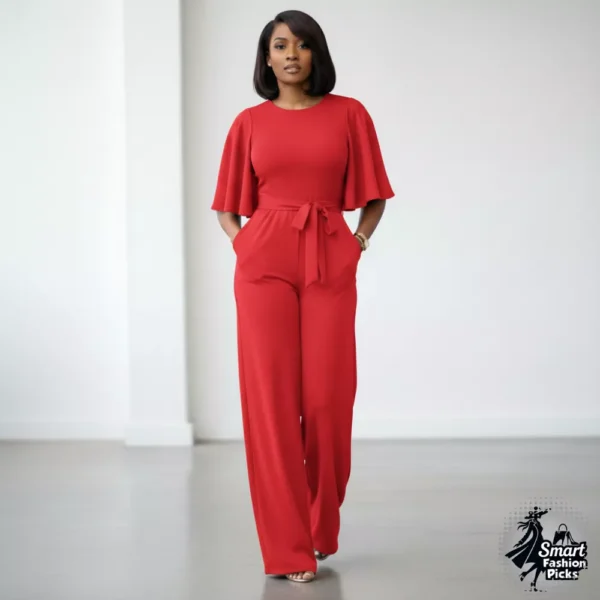 Women's Loose Short Sleeve Belted Wide Leg Jumpsuit (4) Women's Loose Short Sleeve Belted Wide Leg Jumpsuit - Casual One Piece Romper for Work and Party