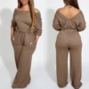 Women's Off Shoulder Long Sleeve Jumpsuit - Backless Wide Leg Romper Women's Off Shoulder Long Sleeve Jumpsuit - Backless Wide Leg Romper with Elastic Waist and Pockets