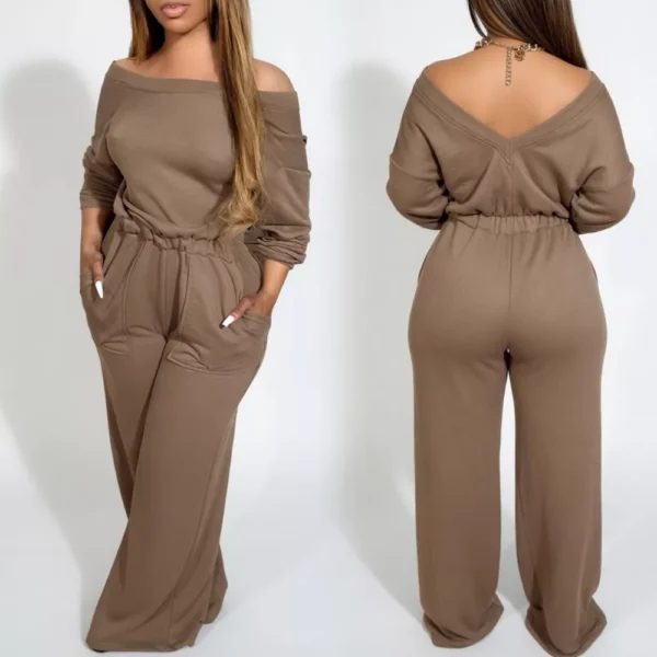 Women's Off Shoulder Long Sleeve Jumpsuit - Backless Wide Leg Romper Women's Off Shoulder Long Sleeve Jumpsuit - Backless Wide Leg Romper with Elastic Waist and Pockets
