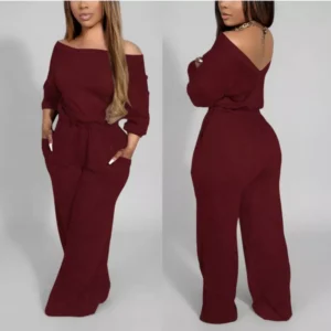 Women’s Off Shoulder Long Sleeve Jumpsuit – Backless Wide Leg Romper Women's Off Shoulder Long Sleeve Jumpsuit - Backless Wide Leg Romper with Elastic Waist and Pockets